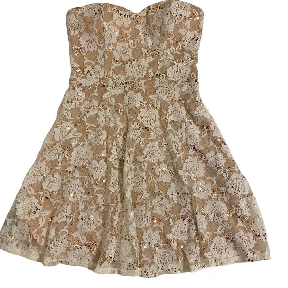 City Studio 5 Sequin Gold tan beige strapless formal skater lace Dress y2k 5